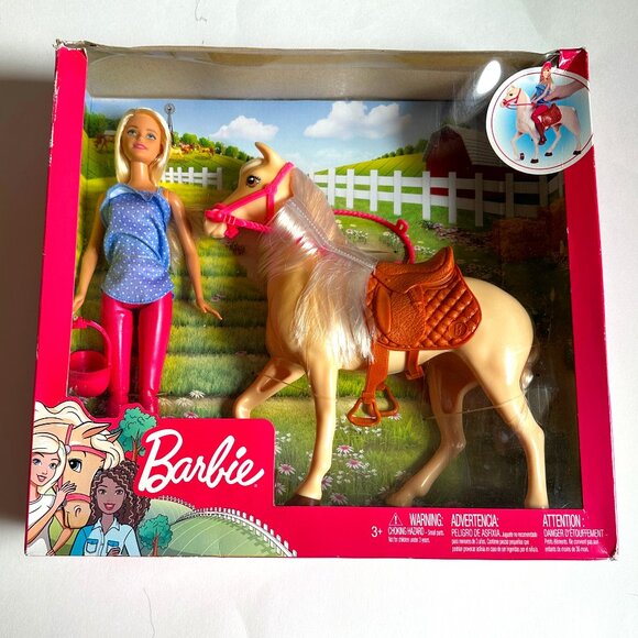 Barbie Other - Barbie Doll & Horse Set with Blonde Doll in Riding Outfit, Light Brown Horse